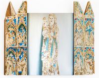 Medieval altarpiece, 49 &times; 64 cm, oil on canvas with polychrome gilded side panels, 2026